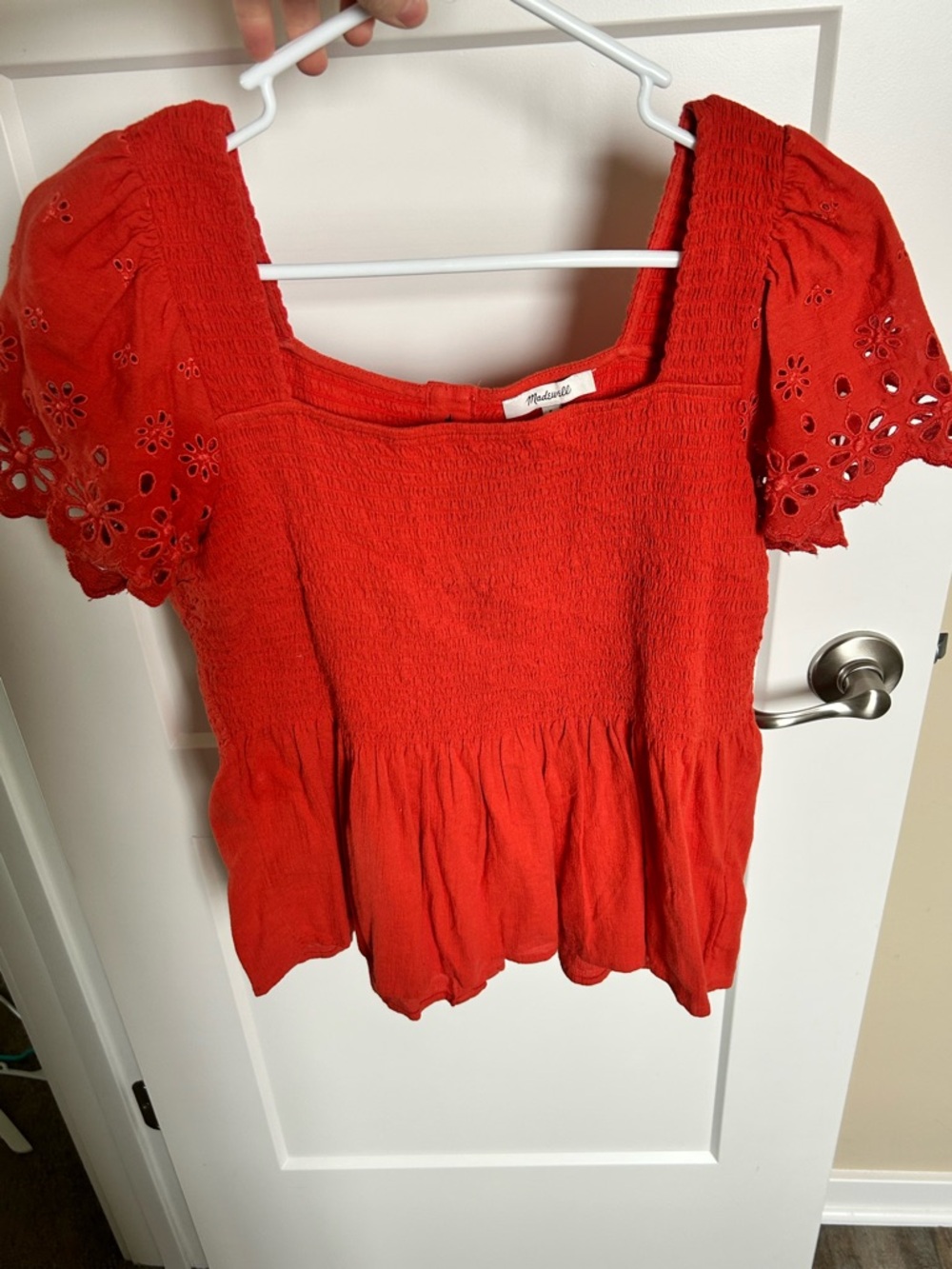 Madewell Red Smocked Peplum Top - Short Sleeve